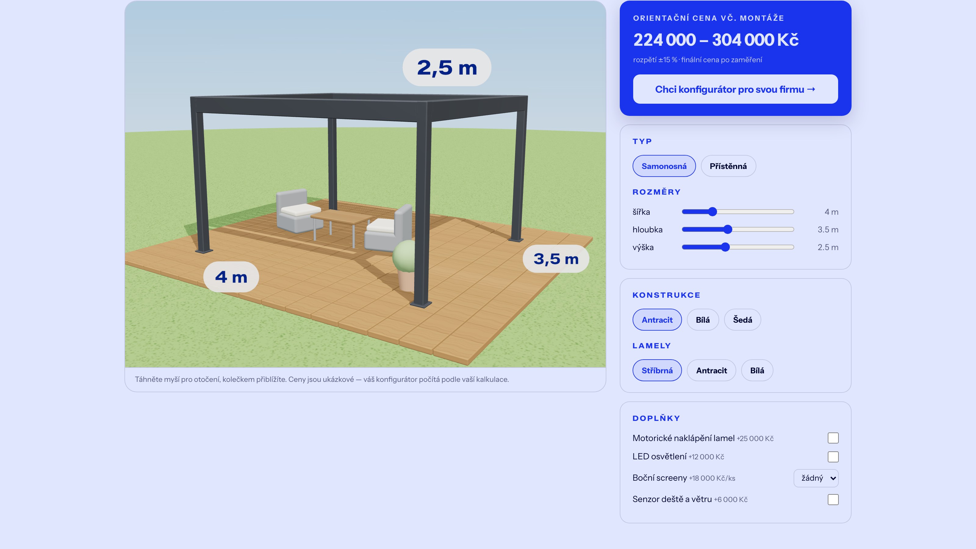 Náhled 3D konfigurátoru: model pergoly a cena vedle něj