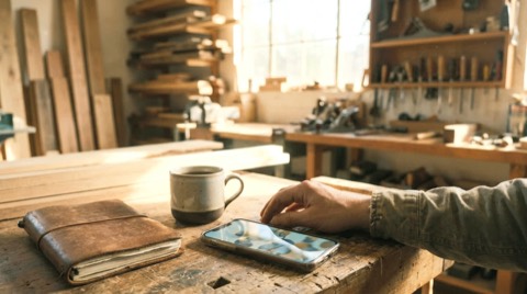Editorial lifestyle photograph, bright natural summer window light, a craftsman's quiet workshop in the afternoon, a pho