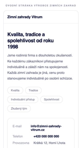 Rekonstrukce úvodní stránky výrobce zimních zahrad: nadpis o kvalitě a tradici, štítky s obecnými hesly, sběrná e-mailová adresa
