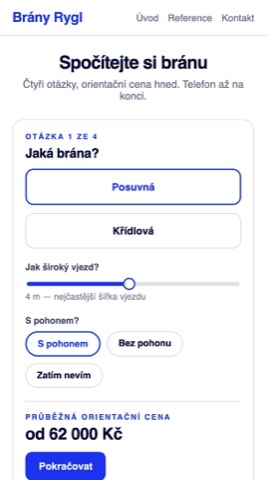 Rekonstrukce téže stránky s výběrem typu brány, šířky vjezdu a orientační cenou