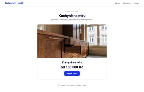 Rekonstrukce stránky truhlářství, kde je u kuchyně na míru jen fotka a holá cena od 180 000 Kč