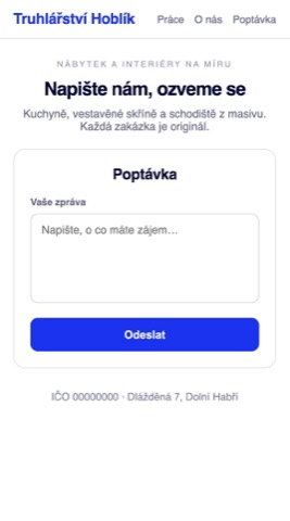 Rekonstrukce webu truhlářství — poptávkový formulář má jediné pole „Vaše zpráva“ a tlačítko Odeslat.