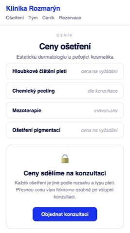 Rekonstrukce ceníkové sekce kliniky, kde je u každého ošetření místo ceny jen „cena na vyžádání“ a „dle konzultace“