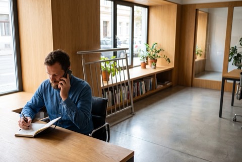 Sales representative at a tidy modern office of a custom metalwork maker in central Europe, sitting at a clean wooden de