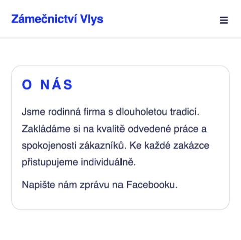 Zastaralá webová vizitka bez telefonu a bez cen
