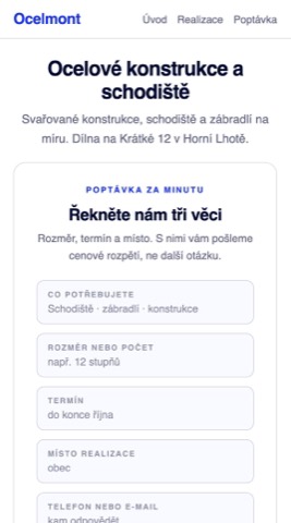 Rekonstrukce téže stránky s krátkým poptávkovým formulářem na rozměr, termín a místo stavby