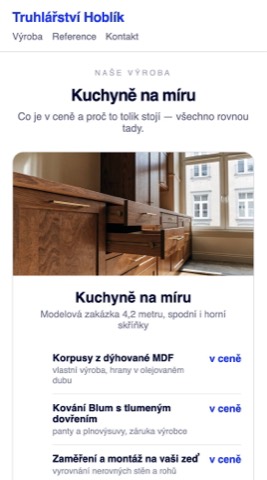 Rekonstrukce téže stránky, kde je stejná cena 180 000 Kč rozepsaná na korpusy, kování Blum, zaměření a montáž a záruku 5 let