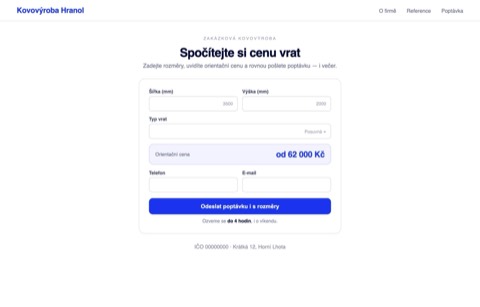 Rekonstrukce téhož webu — konfigurátor s rozměry, orientační cenou a slibem odpovědi do čtyř hodin i o víkendu.