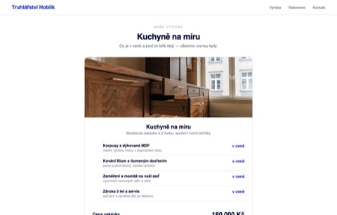 Rekonstrukce téže stránky, kde je stejná cena 180 000 Kč rozepsaná na korpusy, kování Blum, zaměření a montáž a záruku 5 let