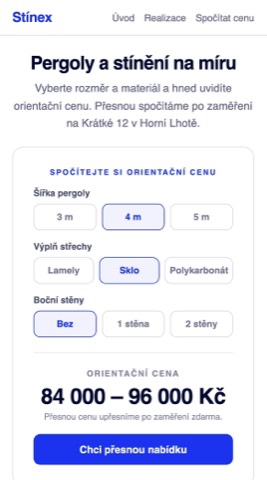 Rekonstrukce téže stránky s mini konfigurátorem, který z rozměru a materiálu spočítá orientační cenu