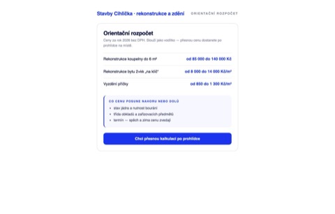 Rekonstrukce téže sekce s orientačním rozpočtem od–do a řádkem, co cenu mění