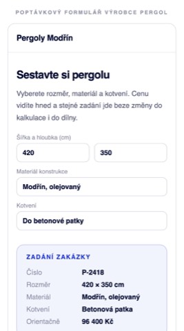 Rekonstrukce konfigurátoru pergoly, který vedle polí ukazuje hotové zadání zakázky s číslem