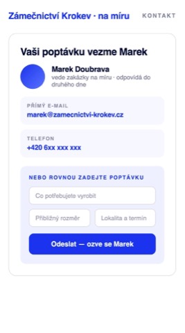 Rekonstrukce téže kontaktní stránky s konkrétním člověkem, jeho přímým e-mailem a telefonem a krátkým poptávkovým formulářem