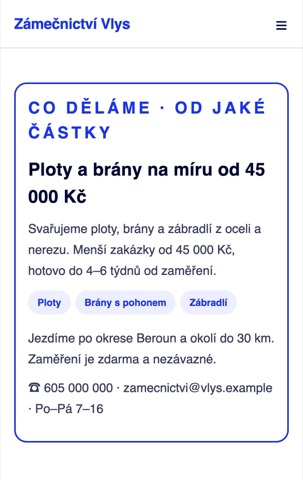Jednoduchá stránka s cenami od, volným termínem a poptávkou