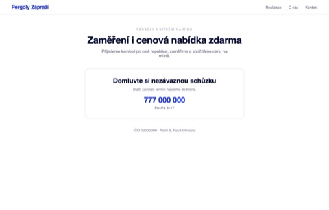 Rekonstrukce webu výrobce pergol — nabídka zaměření zdarma a velké telefonní číslo, žádné otázky před výjezdem.