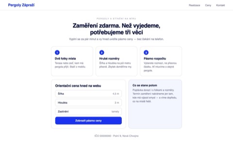 Rekonstrukce téhož webu — tři kroky před zaměřením (fotky, rozměry, pásmo rozpočtu) a kalkulačka orientační ceny.