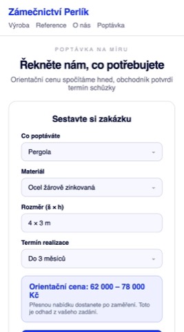 Rekonstrukce téže poptávky jako strukturovaného zadání s typem, rozměrem, materiálem, termínem a orientační cenou spočítanou hned.