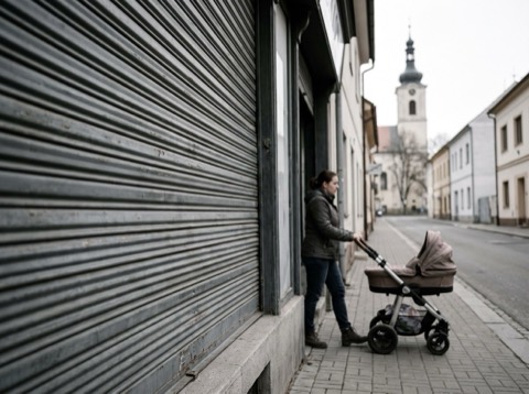 Zavřený salon večer, v okně svítí cedule s otevírací dobou