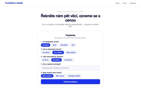 Rekonstrukce téhož formuláře — pět kvalifikačních otázek: záměr, termín, rozpočet, rozhodovatel, podklady.