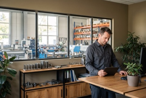 Editorial photo — tidy modern metalwork company office, owner of a larger firm checking a tablet inquiry by a bright win