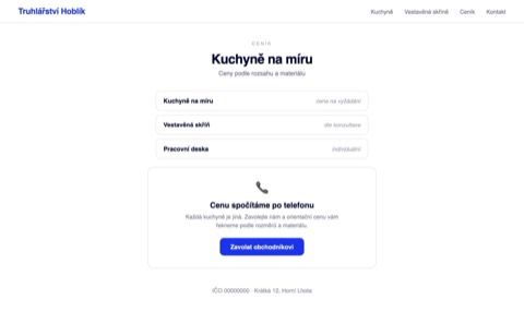 Rekonstrukce webu truhlářství — u ceny kuchyně je jen text „cena na vyžádání“ a telefonní číslo.