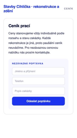 Rekonstrukce ceníkové sekce stavební firmy bez jediné ceny, jen s formulářem Nezávazná poptávka
