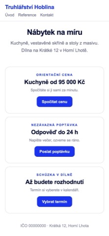 Web truhlářství s orientační cenou, poptávkou a schůzkou až na konci