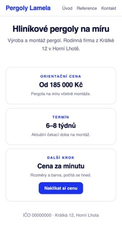 Stejný web s cenou od, termínem montáže a jedním dalším krokem