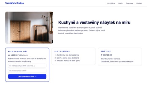Domovská stránka téže firmy: říká, co dělá, ukazuje orientační cenu od 6 900 Kč za běžný metr a nabízí poptávku i kontakt