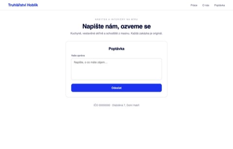 Rekonstrukce webu truhlářství — poptávkový formulář má jediné pole „Vaše zpráva“ a tlačítko Odeslat.