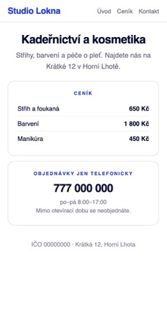 Web salonu s ceníkem, ale bez možnosti objednat se online
