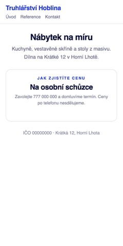 Web truhlářství, který cenu sdělí jen na osobní schůzce