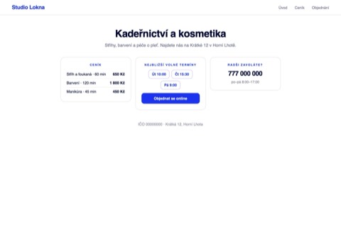 Web salonu s ceníkem a výběrem volného termínu