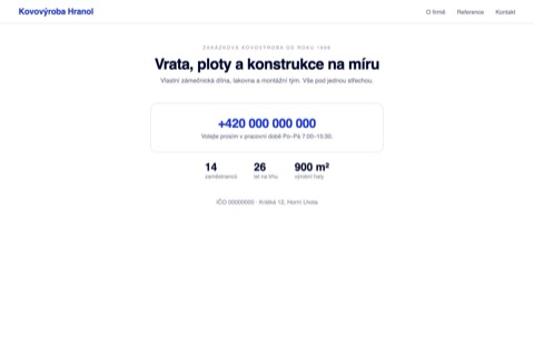Rekonstrukce webu větší kovovýroby — jen telefonní číslo a pracovní doba, chlubí se počtem zaměstnanců a lety na trhu.