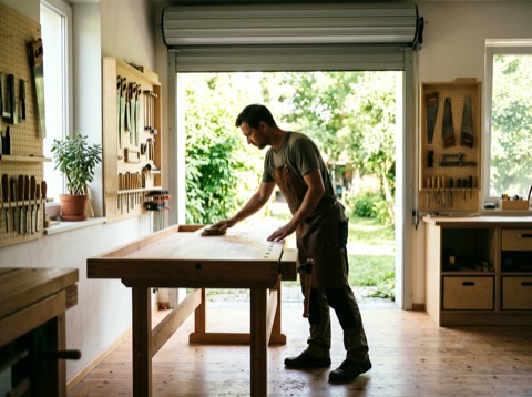 Editorial lifestyle photograph, bright natural summer window light, a craftsman's quiet workshop in the afternoon, a pho