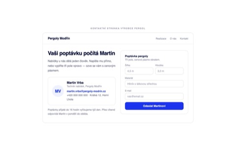 Rekonstrukce kontaktní stránky se jménem obchodníka, přímým kontaktem a krátkým formulářem