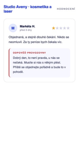 Rekonstrukce odpovědi provozovny na jednohvězdičkovou recenzi, kde majitel popírá stížnost a odkazuje zákaznici, ať se plete s někým jiným