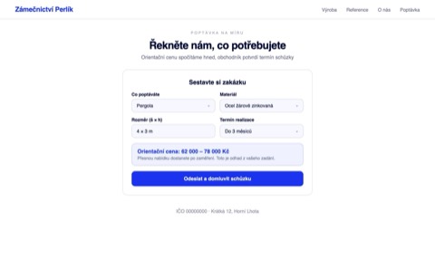 Rekonstrukce téže poptávky jako strukturovaného zadání s typem, rozměrem, materiálem, termínem a orientační cenou spočítanou hned.