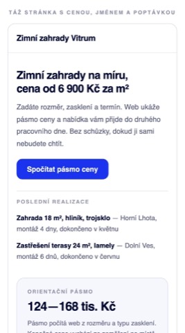 Rekonstrukce téže stránky s cenou za metr, orientačním pásmem, jménem obchodníka a dvěma popsanými realizacemi