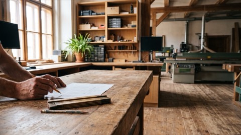 Editorial photograph for a business magazine: a workshop office of a bespoke pergola maker in central Europe, freshly re