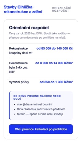 Rekonstrukce téže sekce s orientačním rozpočtem od–do a řádkem, co cenu mění