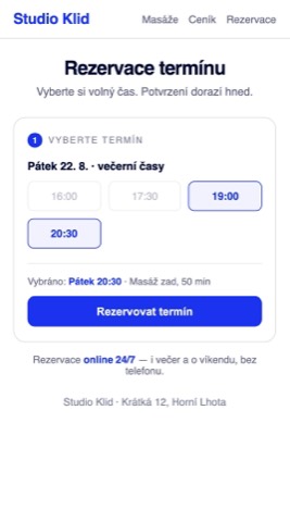 Rekonstrukce téže kontaktní sekce jako rezervační okno s volnými večerními termíny, které jde rovnou zabrat online