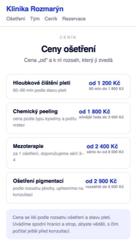 Rekonstrukce téhož ceníku s cenou „od“ u každého ošetření, uvedeným rozsahem a stropem
