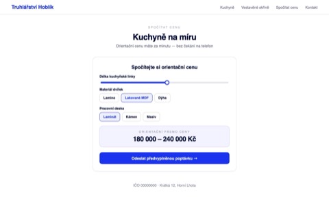 Rekonstrukce téhož webu — jednoduchá kalkulačka spočítá orientační cenu kuchyně a odešle předvyplněnou poptávku.