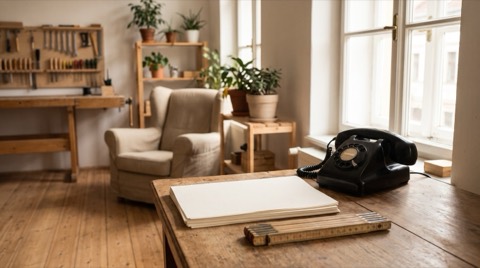Editorial photo: workshop office of a custom furniture maker, a desk with a landline phone and paper order sheets in war