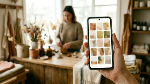 Editorial lifestyle photograph, a hand holding a smartphone that shows a photo gallery of a small business — on the scre