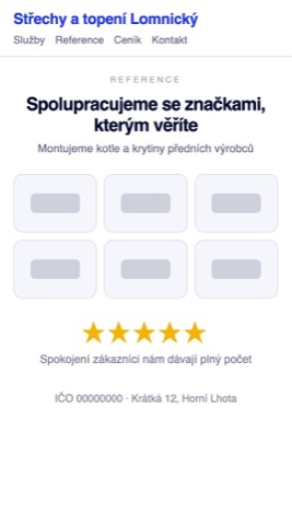 Rekonstrukce sekce Reference u stavební firmy, kde jsou jen loga výrobců a pět žlutých hvězdiček bez jména zakázky