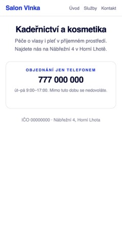 Web salonu, kde je jediným kontaktem telefon v pracovní době
