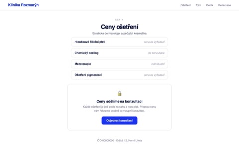 Rekonstrukce ceníkové sekce kliniky, kde je u každého ošetření místo ceny jen „cena na vyžádání“ a „dle konzultace“