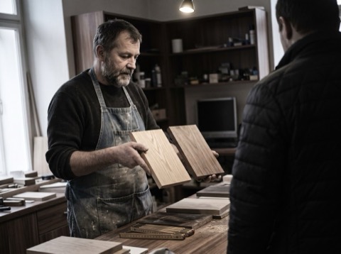 Editorial lifestyle photo: hands of a craftsman at a warm wooden workbench, a tablet propped up showing only pale rounde